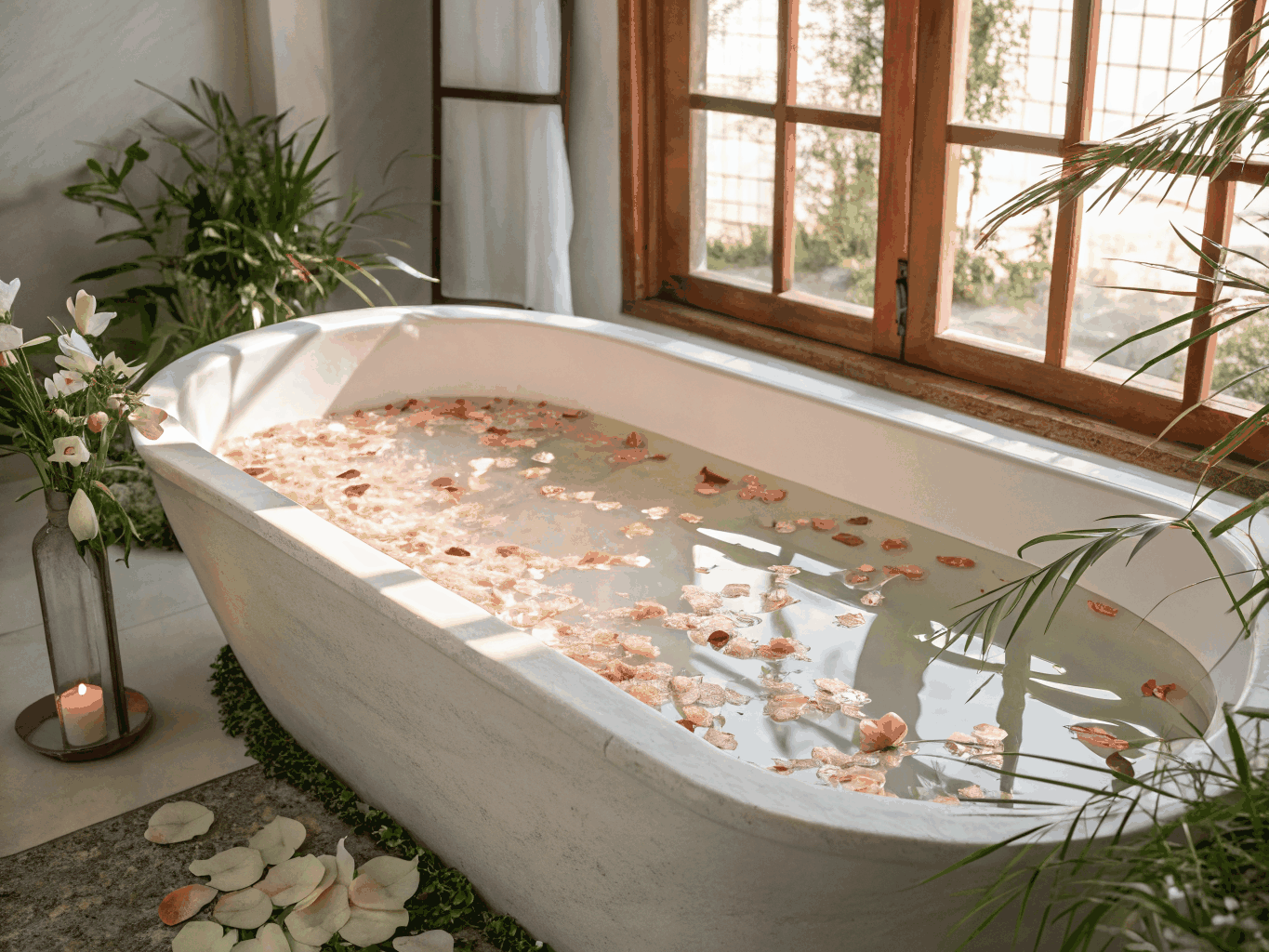 Tranquil stone spa bath with soft natural daylight