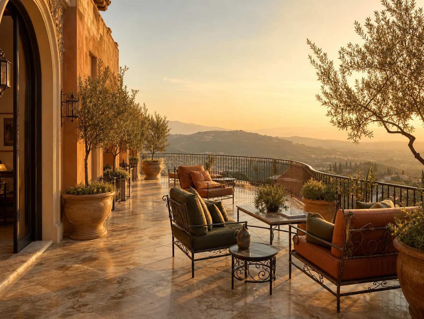 Boutique hotel courtyard with warm terracotta and coastal foliage