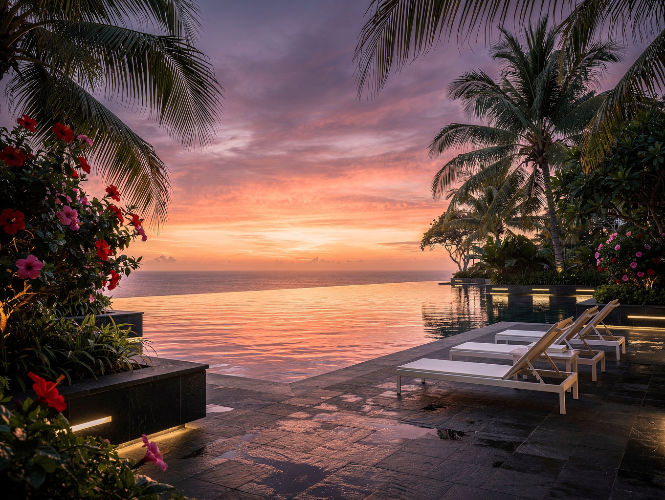 Boutique resort pool and open-air lounge at golden hour