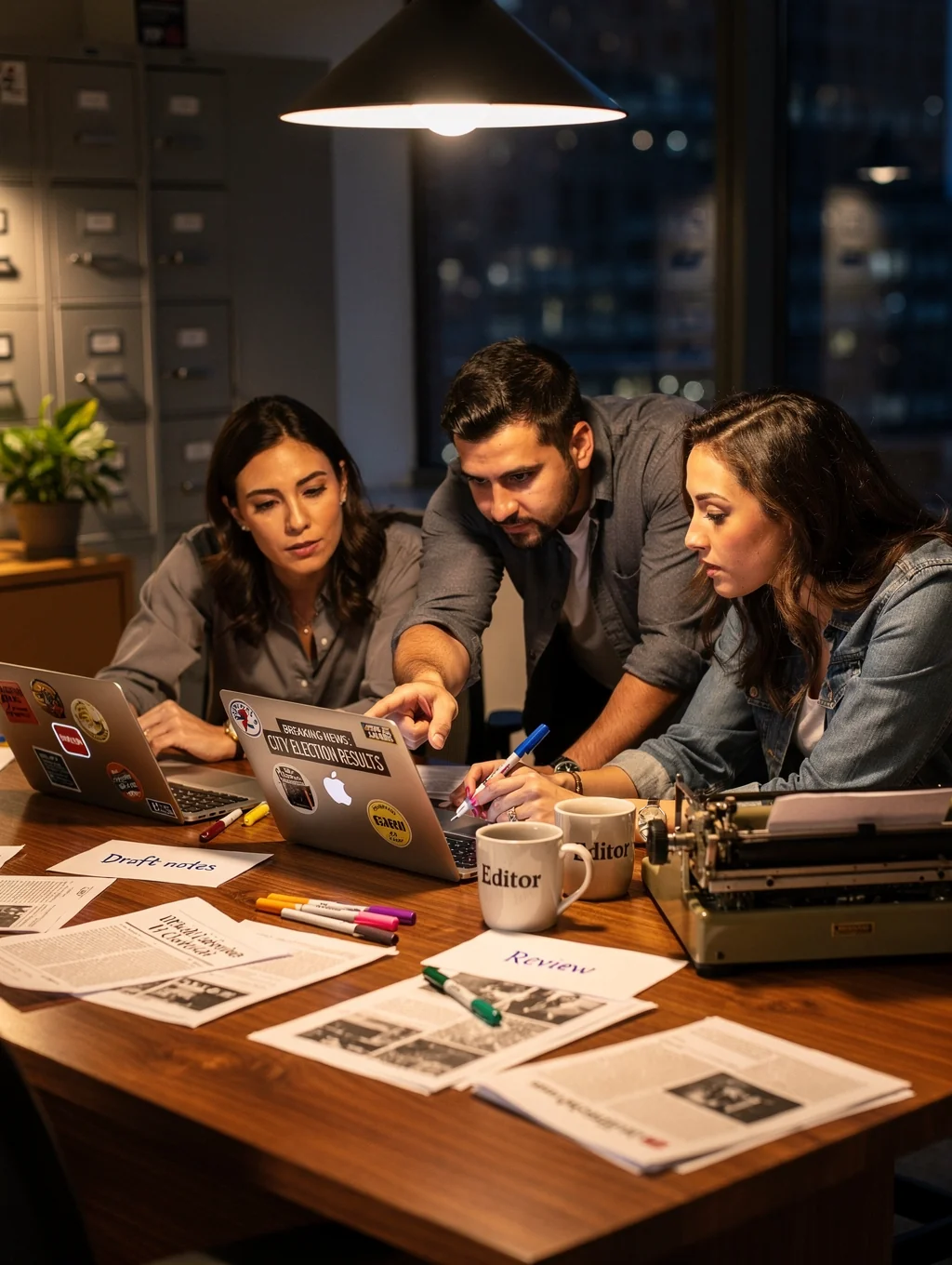 Editors reviewing publication drafts and proofs in a bright studio
