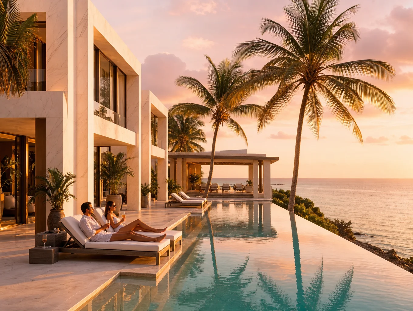 Sunlit stone terrace overlooking coastal waters at golden hour